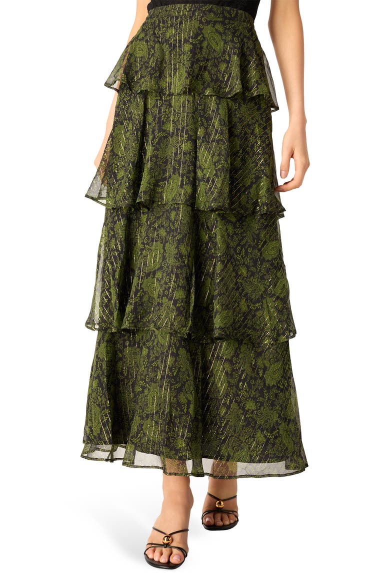 Gaia Metallic Paisley Tiered Silk Blend Maxi Skirt, Alternate, color, FOREST PAISLY