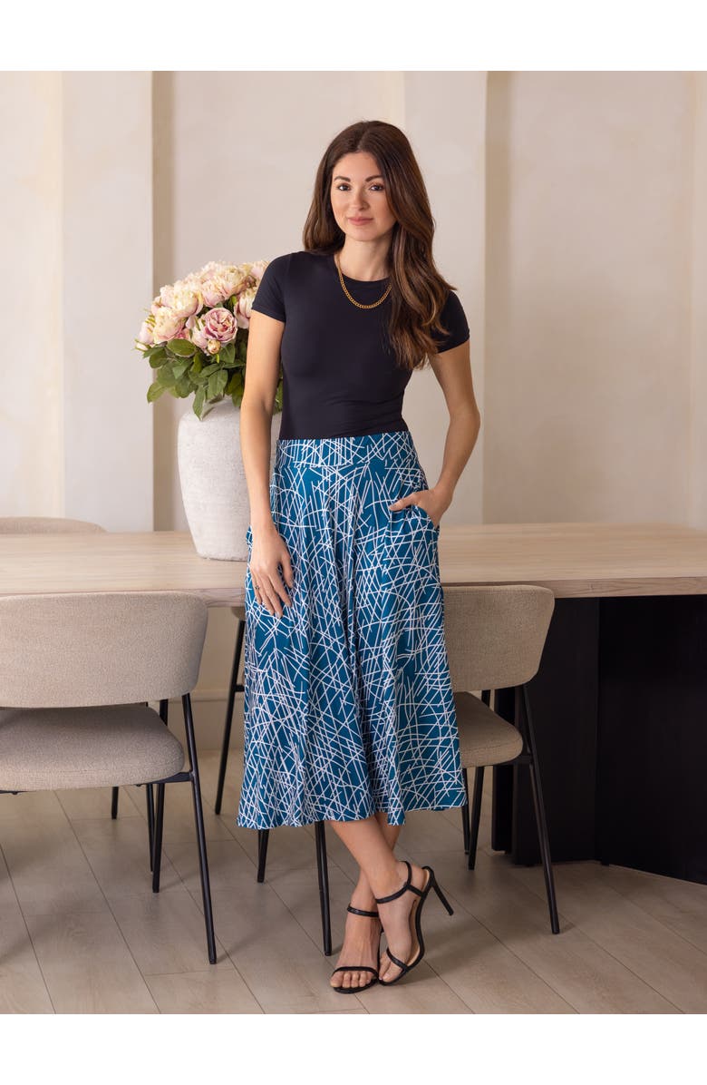 24seven Comfort Apparel Geometric Print Elastic Waist Pocket Midi Skirt, Alternate, color, Blue Multi