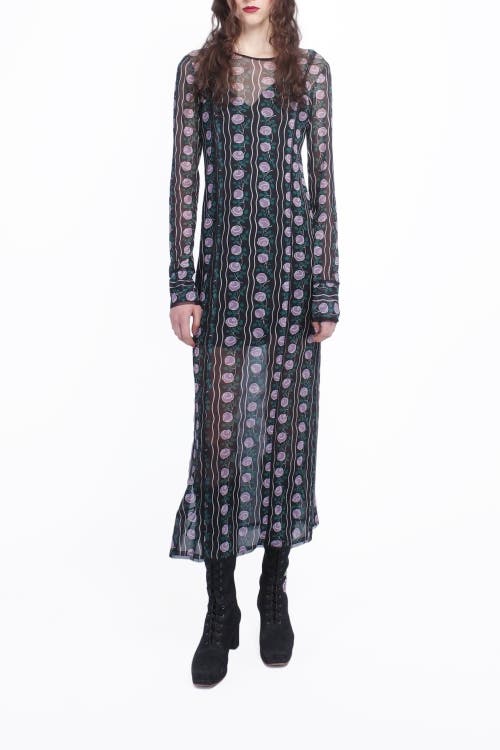 Anna Sui Rosetti Mesh Maxi Dress In Black/lilac Multi