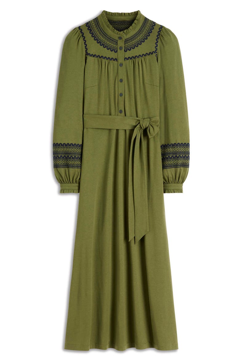 Embroidered Ruffle Trim Midi Shirtdress, Alternate, color, OLIVE