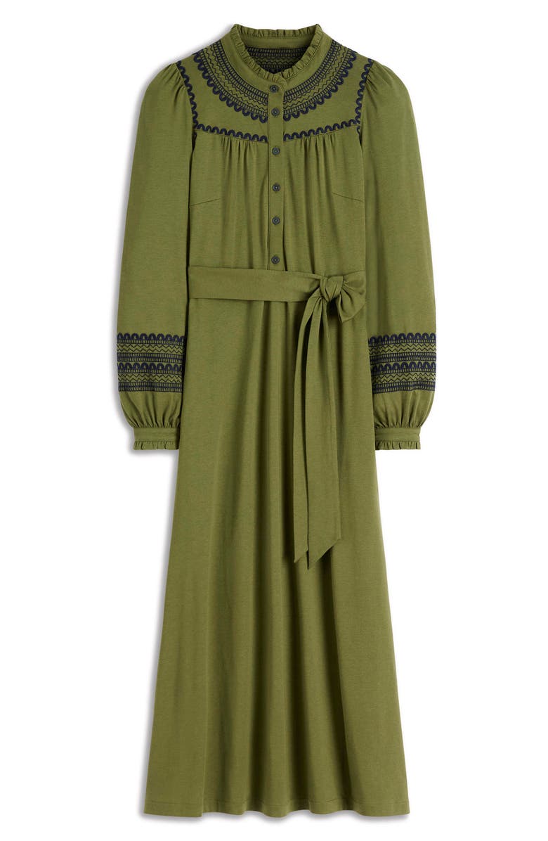 Boden Embroidered Ruffle Trim Midi Shirtdress, Alternate, color, Olive
