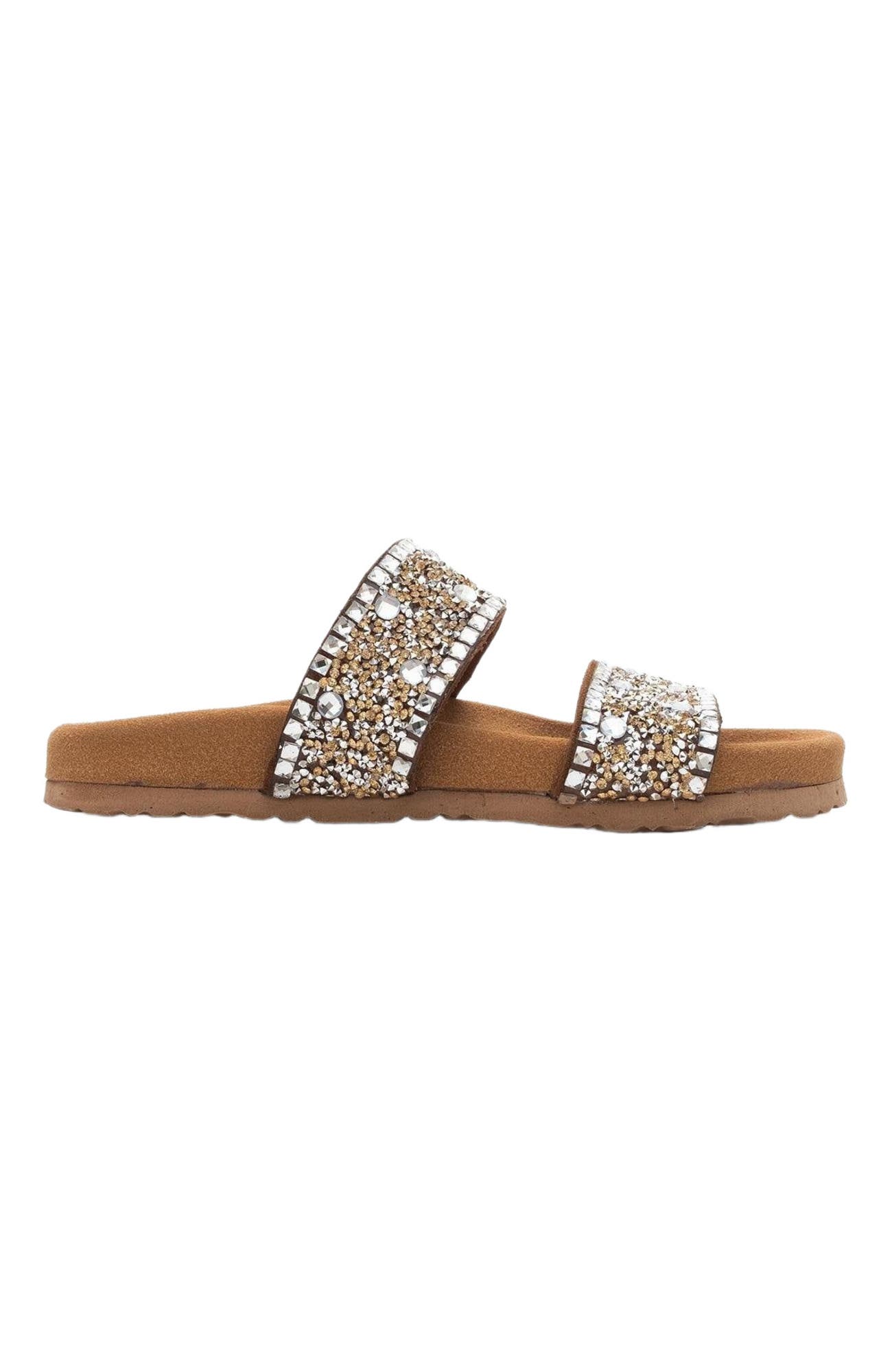 Forever & Always Shoes Jamie Leather Double Strap Slide Sandal with Stones, Alternate, color, Cognac Leather