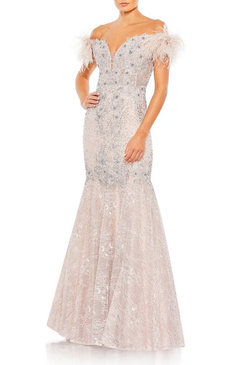 Feathered Crystal Embellished Sleeveless Gown