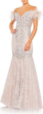 Mac Duggal Feathered Crystal Embellished Sleeveless Gown