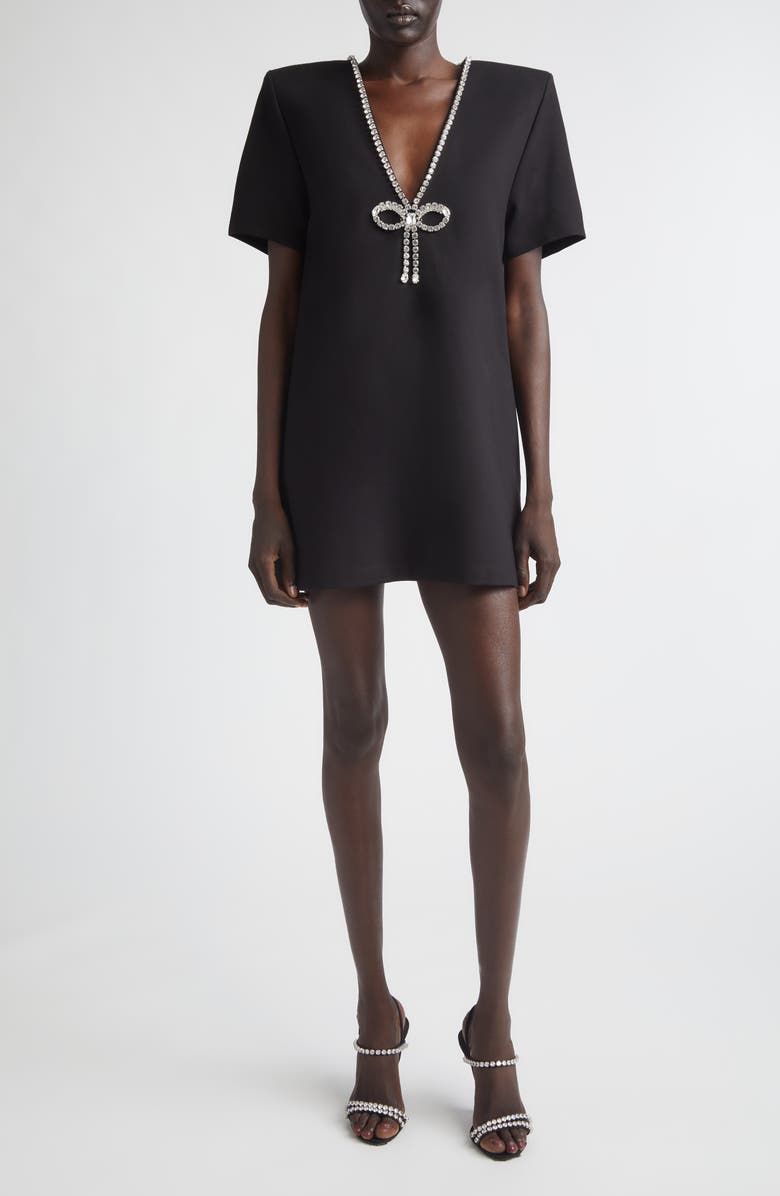Area Crystal Bow V-Neck Ponte Knit T-Shirt Minidress, Main, color, Black