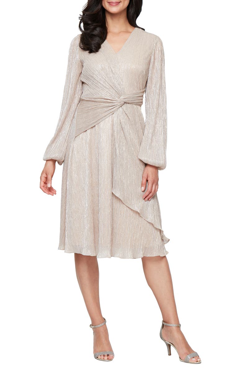 SL FASHIONS Knot Front Long Sleeve Metallic Chiffon Cocktail Dress, Main, color, Light Gold