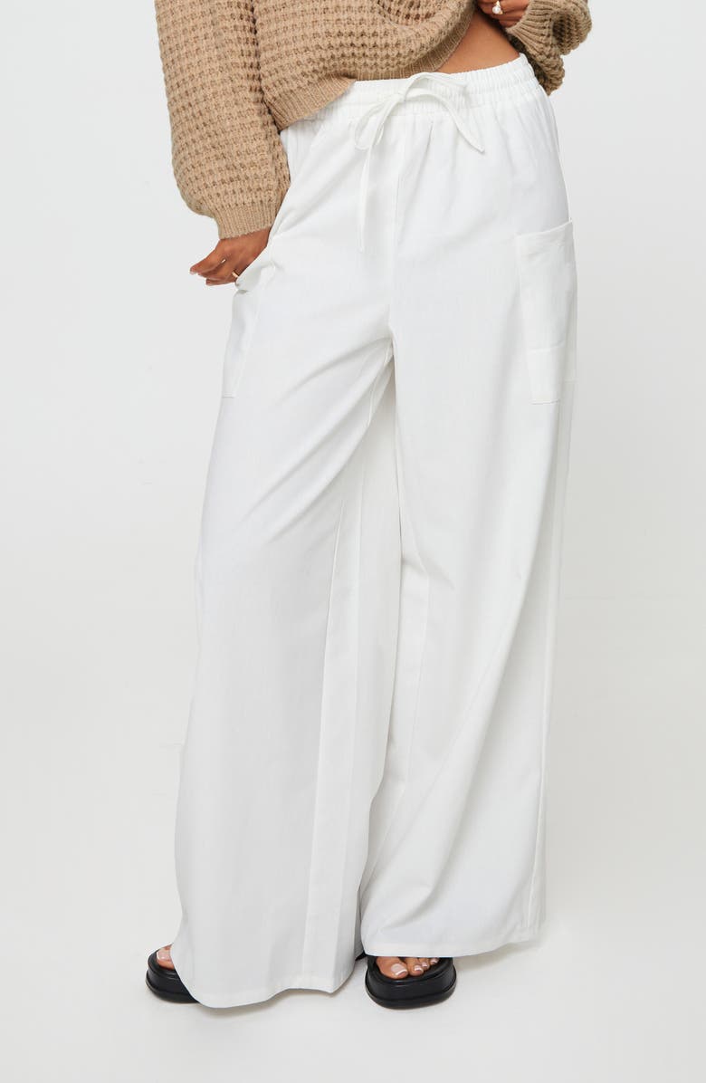 Princess Polly Brunie Pull-On Wide Leg Cotton & Linen Pants, Main, color, Off White
