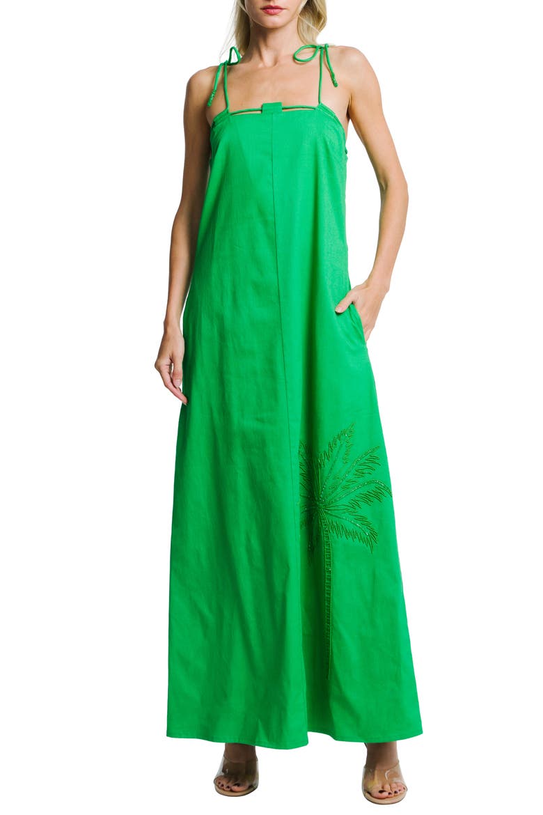 Hattie Beaded Stretch Cotton Blend Maxi Sundress, Main, color, GREEN