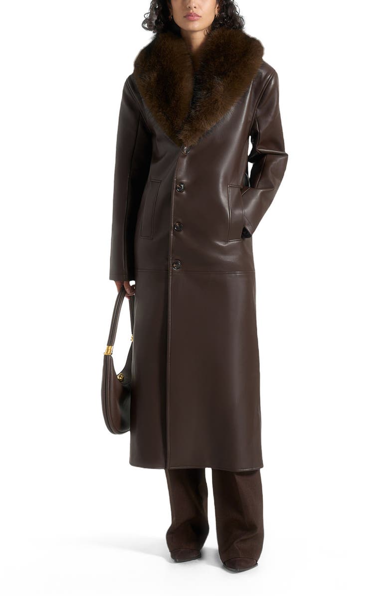 Manière De Voir Cenya Fur Collar Belted Leather Coat, Main, color, Brown