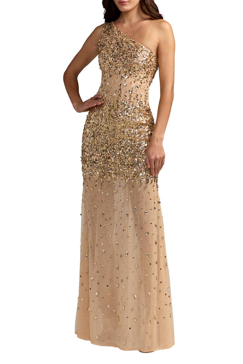 One Shoulder Embellished Illusion Gown, Main, color, Gold Nude
