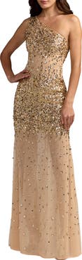 Mac Duggal One Shoulder Embellished Illusion Gown