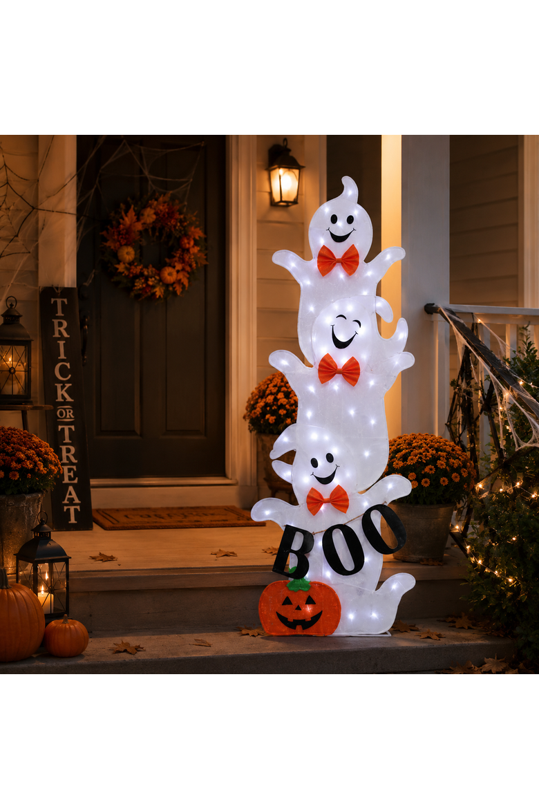3.6 Ft Stacking Ghosts in Bow Ties Halloween Decoration, Modern, Ground Freestanding, Outdoor, Polyester, Cool White, Battery Operated, Prelit with 60 LED Bulbs, Alternate, color, White