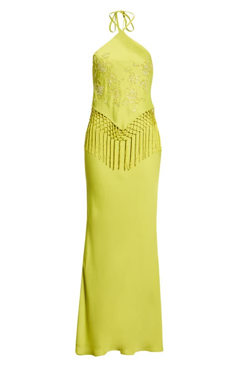 Sareena Bead Embellished Fringe Halter Dress