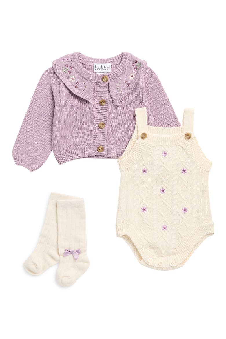 Floral Detail Sweater Knit Bodysuit, Cardigan & Socks Set, Main, color, DUSTY VIOLA