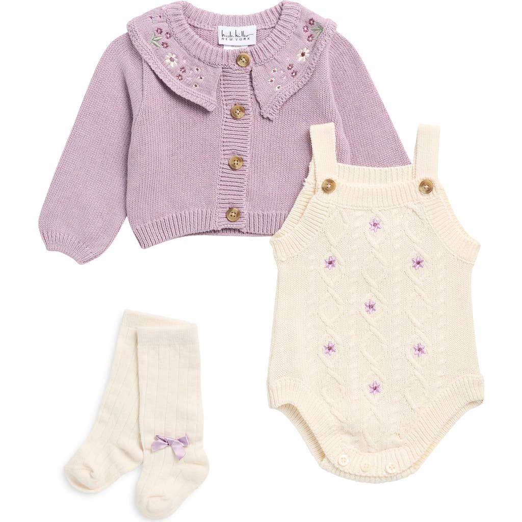 Nicole Miller Babies' Knit Bodysuit, Cardigan & Socks Set In Dusty Viola