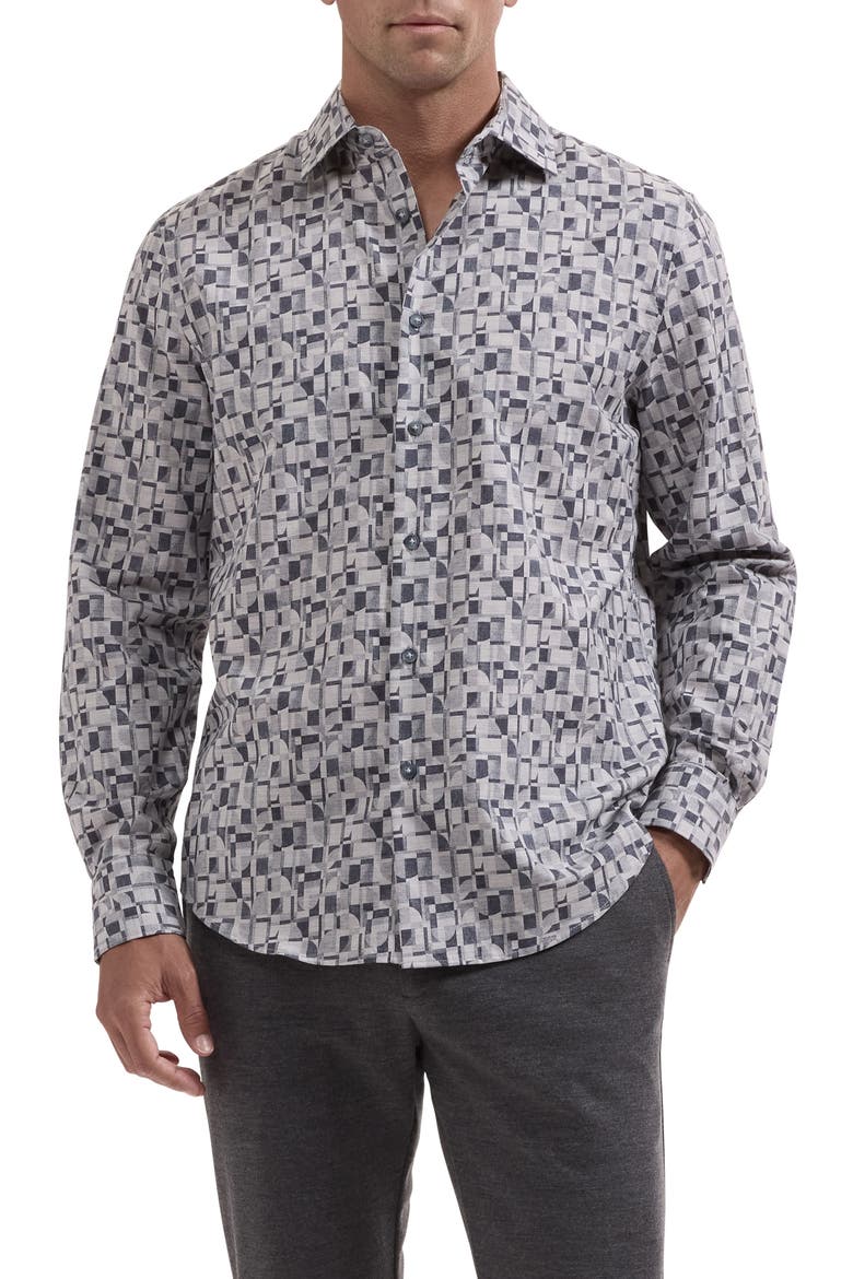Axel Shaped Fit Print Button-Up Shirt, Main, color, SLATE