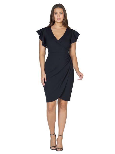 Petite V Neck Ruffle Sleeve Knee Length Dress