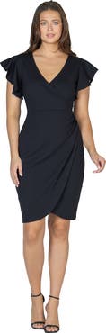 24seven Comfort Apparel Petite V Neck Ruffle Sleeve Knee Length Dress