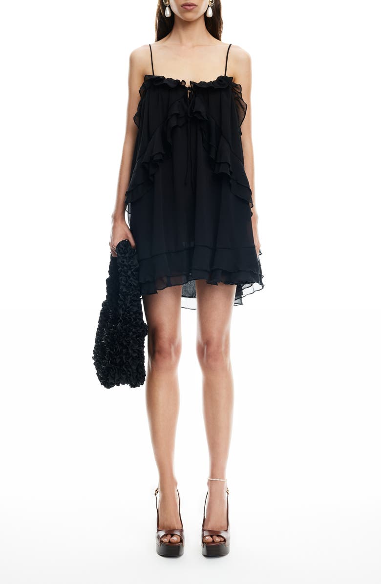 LIONESS Ethereal Ruffle Chiffon Minidress, Main, color, Obsidian