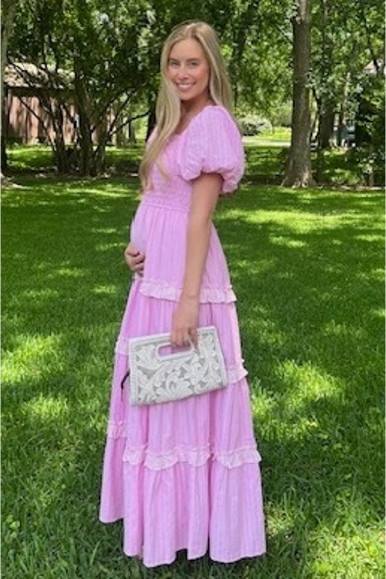 Smocked Ruffle Tiered Puff Sleeve Maxi Dress, Alternate, color, Pink