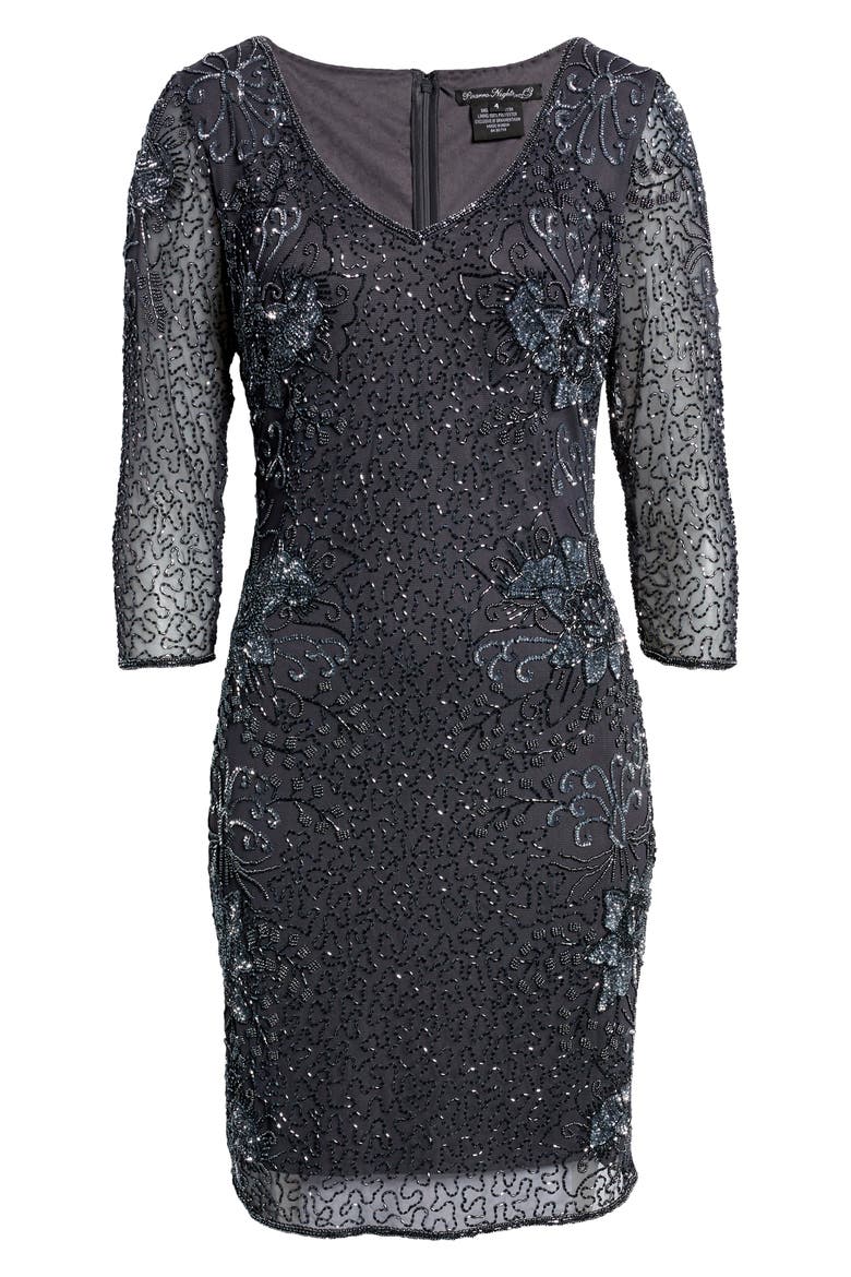 Beaded V-Neck Cocktail Dress, Alternate, color, SLATE