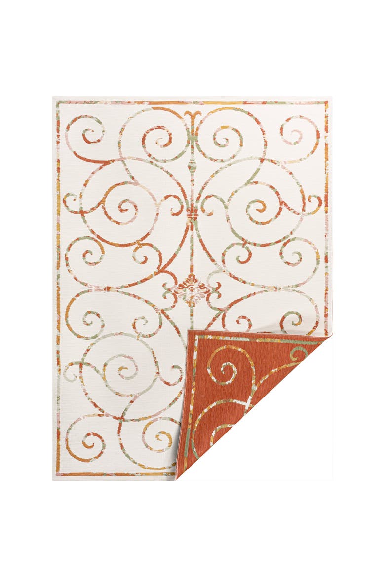 Danae Classic Cottage Filigree Scroll Reversible Machine-Washable Indoor/Outdoor Area Rug, Main, color, Cream/Terra
