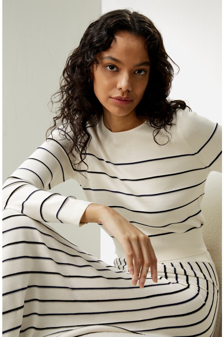 Cropped Silk-knitted Long Sleeve Tee for, Alternate, color, White with stripes