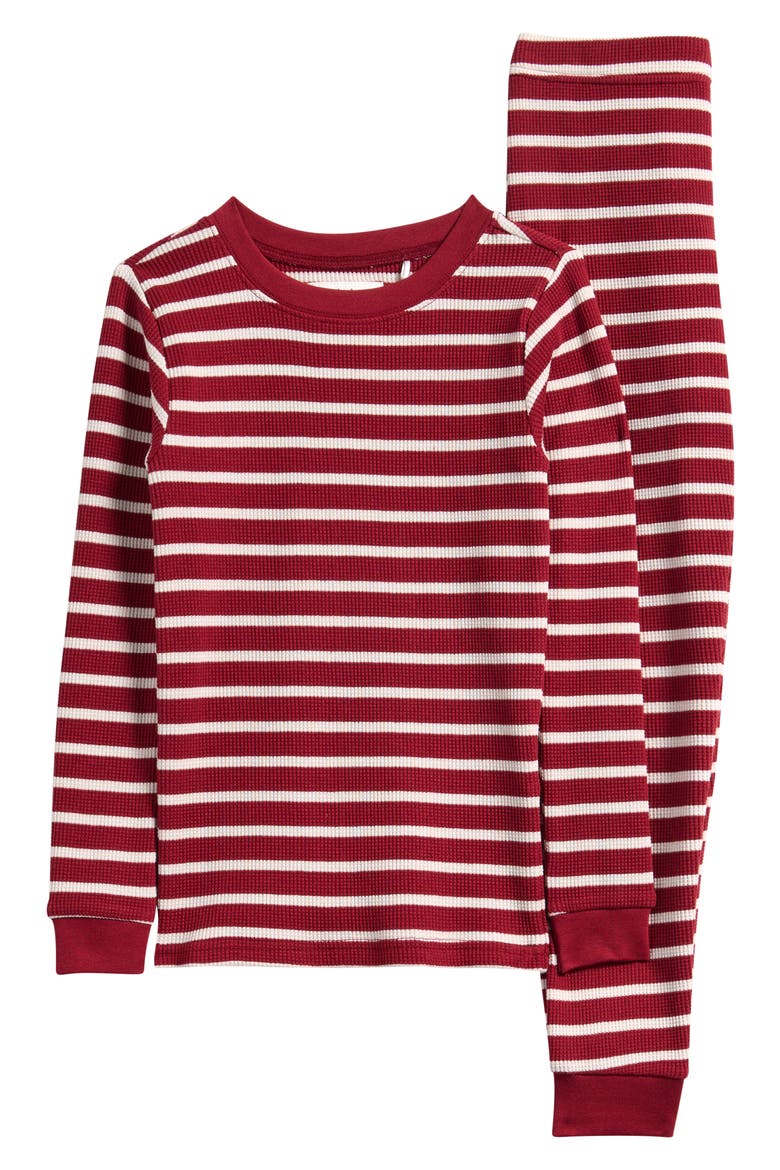 Kids' Scarlet Red Stripe Thermal Fitted Two-Piece Pajamas, Main, color, RED