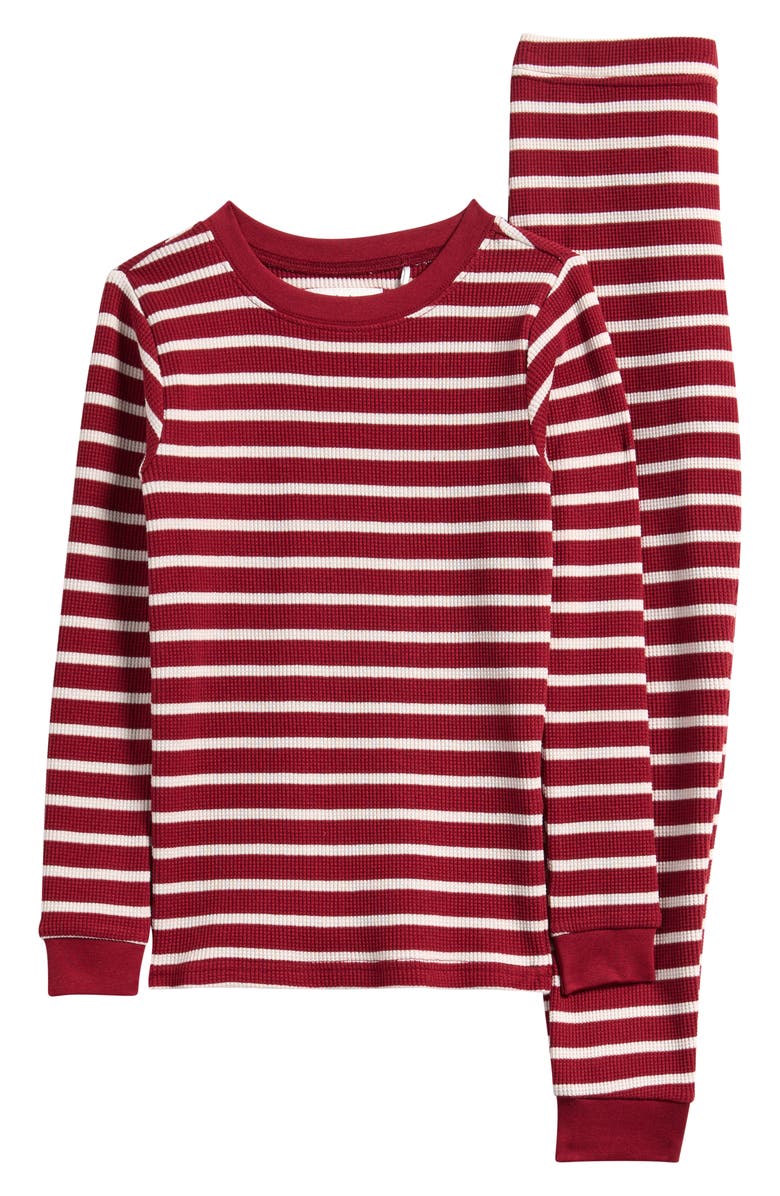 Petit Lem Kids' Scarlet Red Stripe Thermal Fitted Two-Piece Pajamas, Main, color, Red