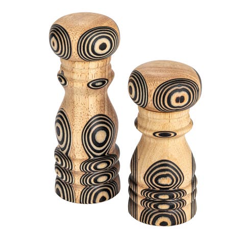 Wood Salt and Pepper Mills with Inlaid Circles Design, Natural and Black