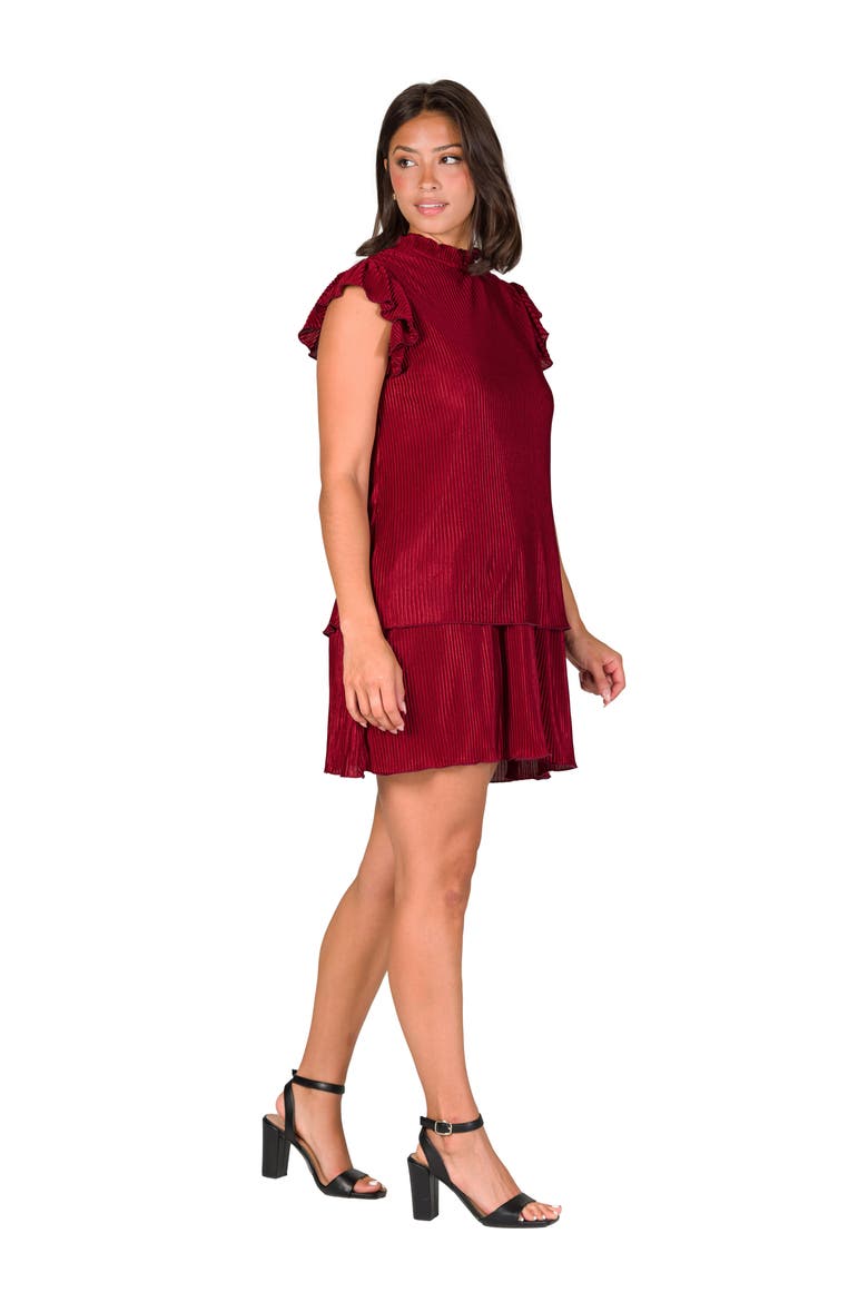 Petites Ruffle Cap Sleeve High Neck Pleated Tiered Mini Dress, Alternate, color, Wine