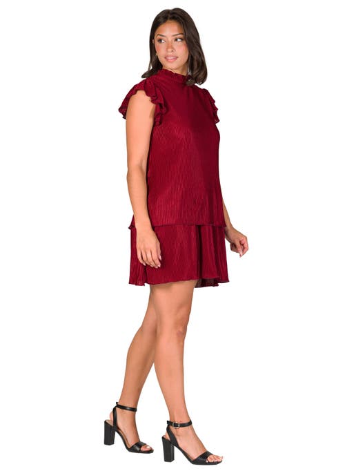 24seven Comfort Apparel Micropleat Tiered Minidress In Burgundy