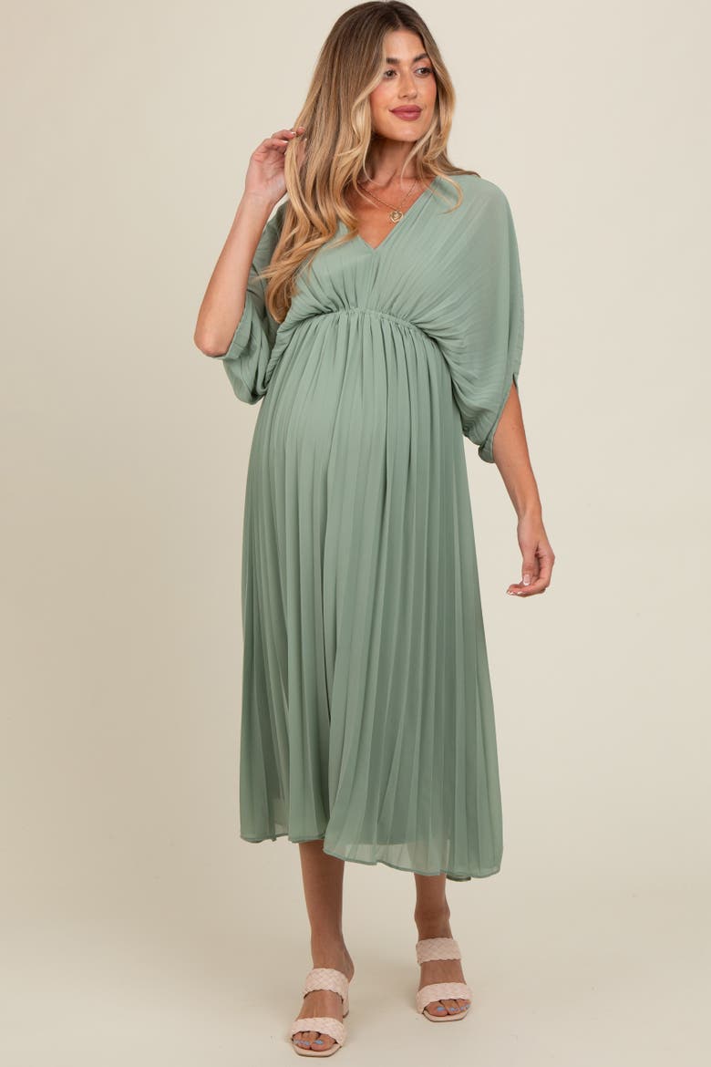Pleated V Neck Maxi Dress, Alternate, color, Light Olive