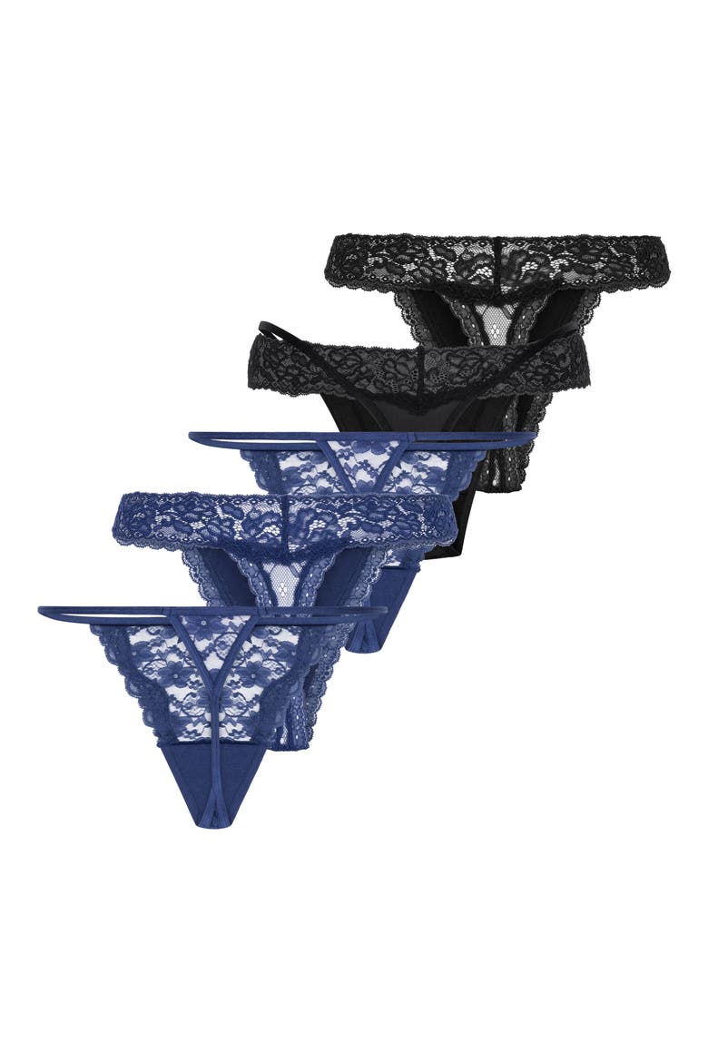 5-Pack Assorted Fashion Mesh & Lace Thongs, Alternate, color, TWILIGHT BLUE