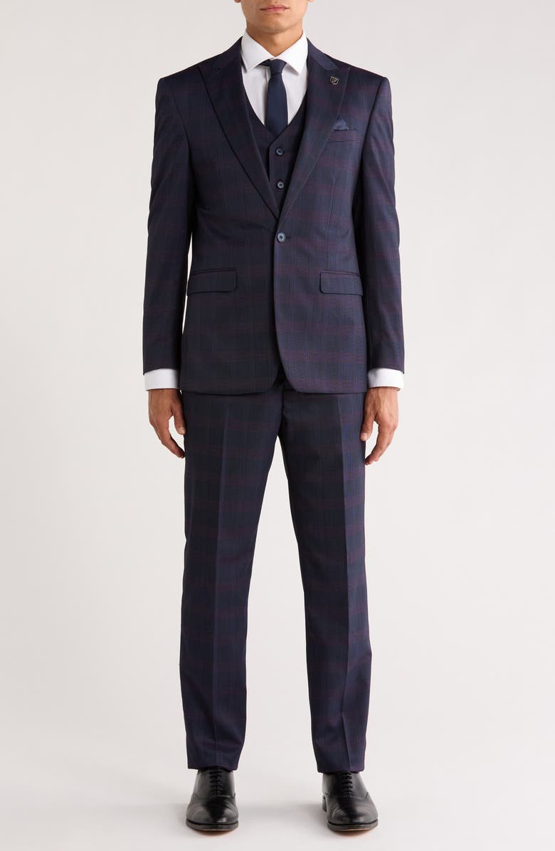 ZEGARIE Navy Glen Plaid Mélange 3-Piece Suit, Main, color, Navy