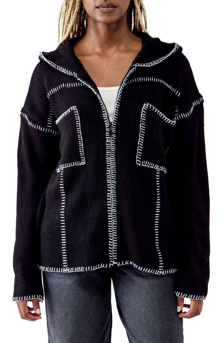 BDG Urban Outfitters Blanket Stitch Hooded Cardigan, Main, color, Black