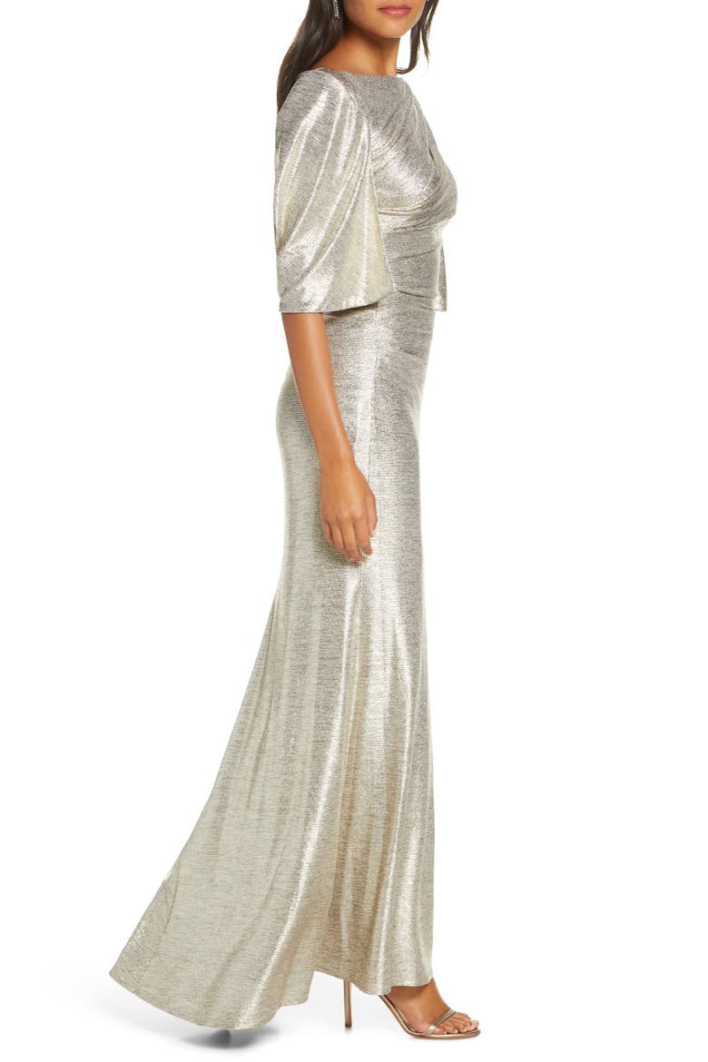 Capelet Sleeve Ruched Evening Gown, Alternate, color, GOLD