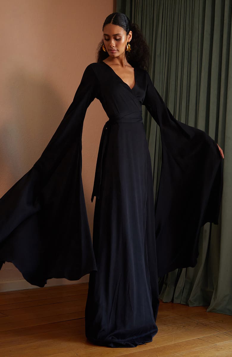 DIARRABLU Maya Exaggerated Long Sleeve Satin Wrap Dress, Alternate, color, 