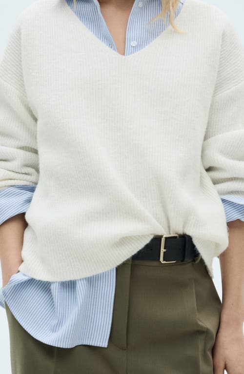 Shop Mango Rib V-neck Sweater In Ecru