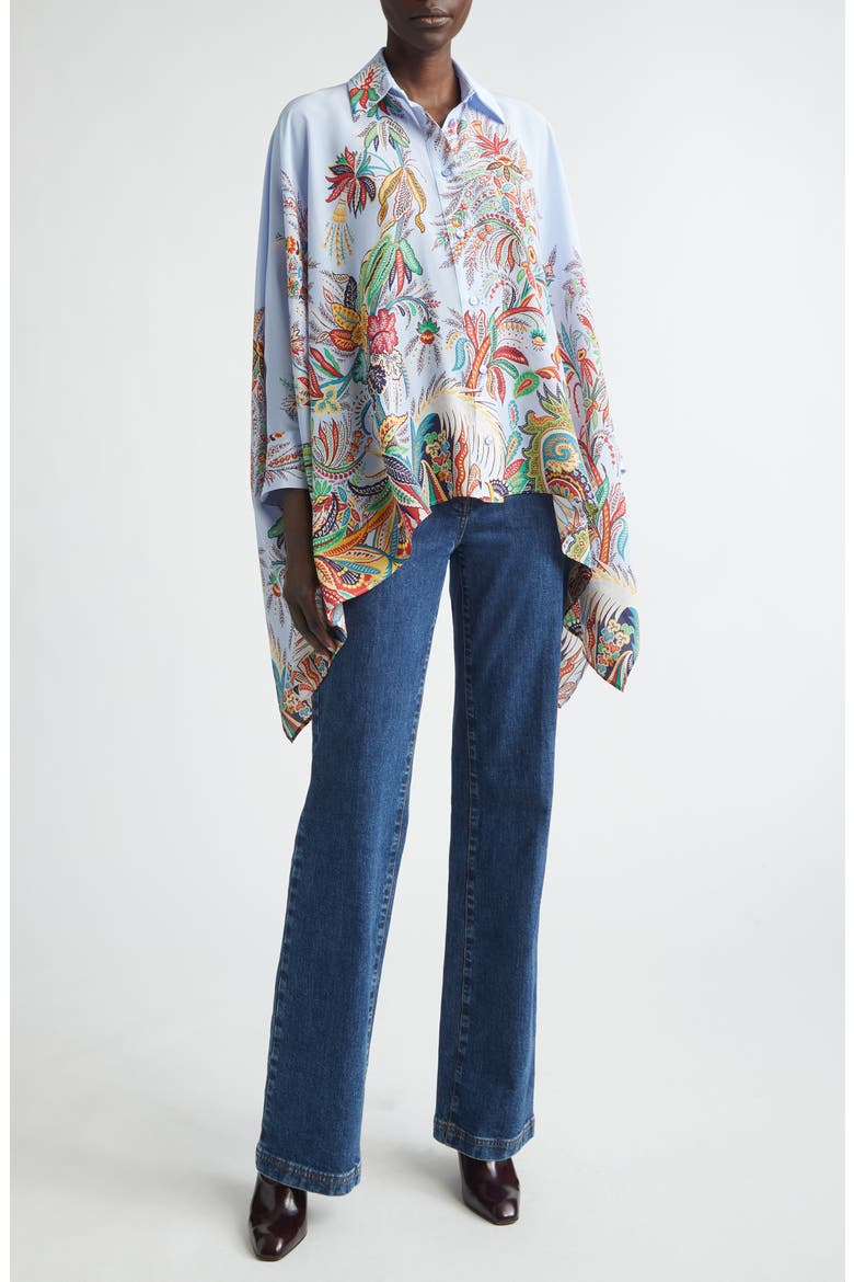 Paisley Print Handkerchief Hem Silk Button-Up Shirt, Alternate, color, PRINT ON PALE BLUE BASE