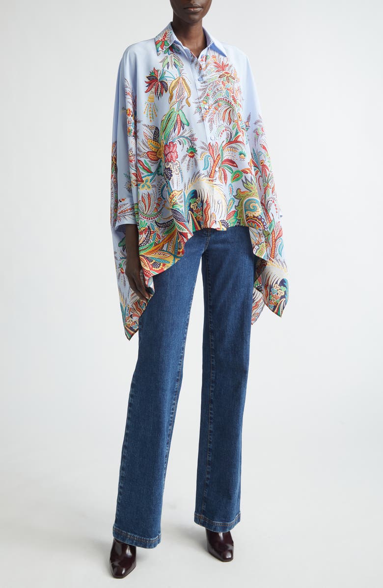 Etro Paisley Print Handkerchief Hem Silk Button-Up Shirt, Alternate, color, Print On Pale Blue Base