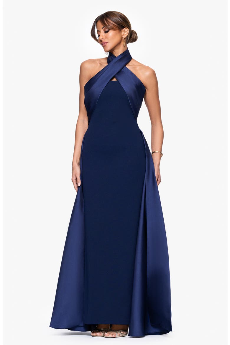 Twist Halter Neck Mikado Scuba Crepe Gown, Alternate, color, NAVY