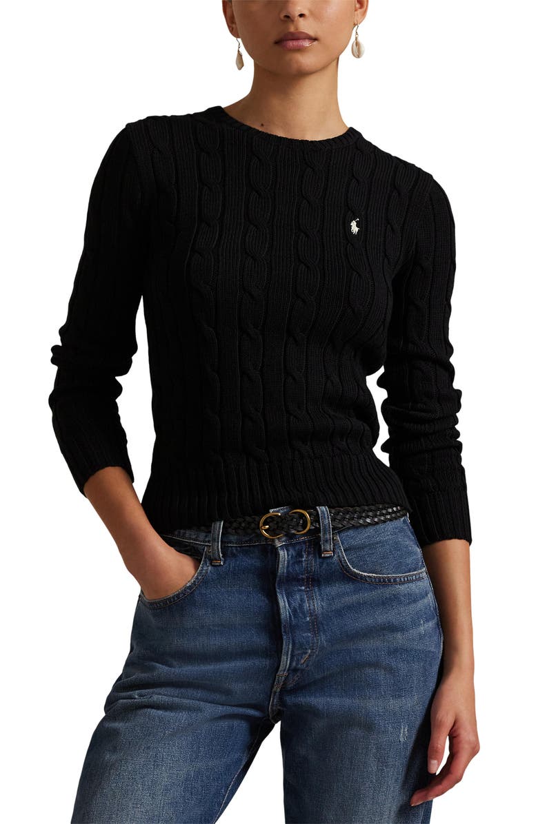 Polo Ralph Lauren Julianna Pima Cotton Cable Knit Crewneck Sweater, Main, color, Polo Black/ White Pp