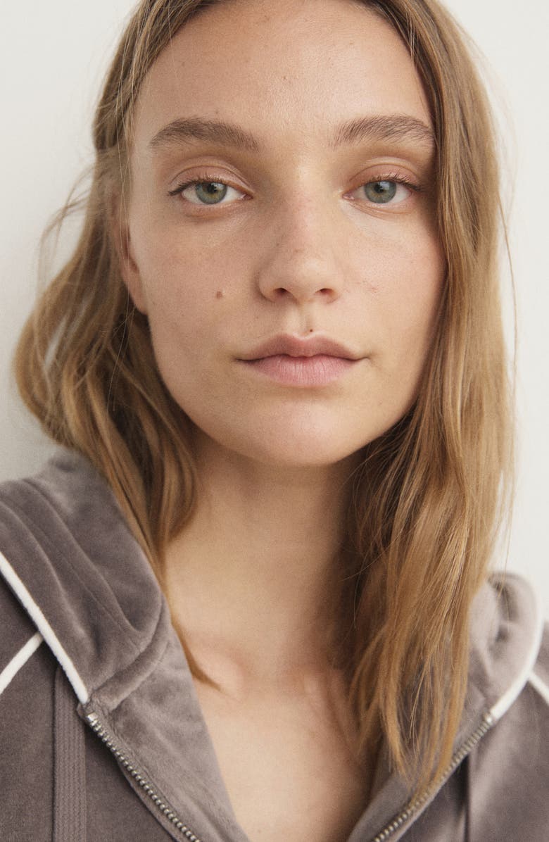 MANGO Crop Velour Hoodie, Alternate, color, Medium Brown