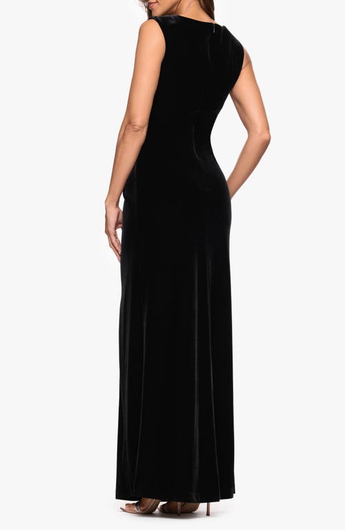Xscape Evenings Ruched Sleeveless Stretch Velvet Gown In Black