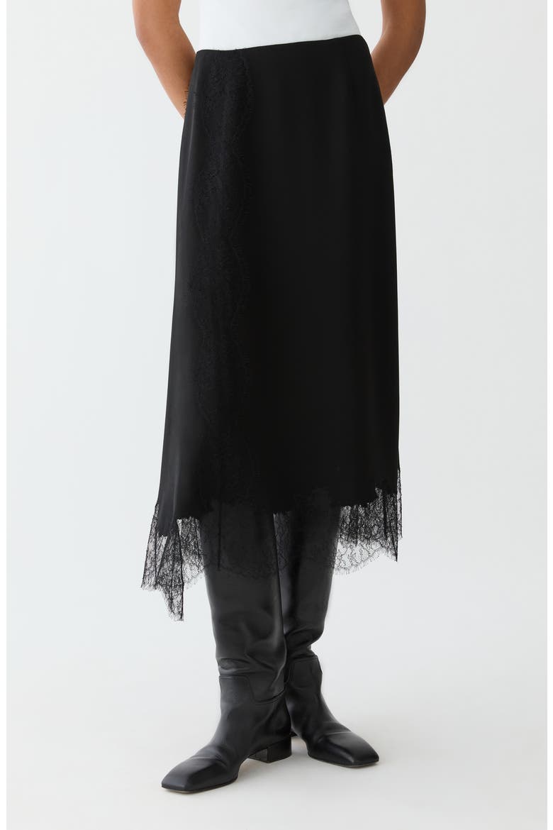 Asymmetric Lace Trim Crepe Skirt, Main, color, BLACK