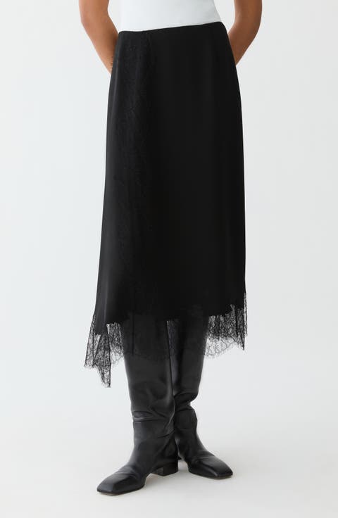 Asymmetric Lace Trim Crepe Skirt