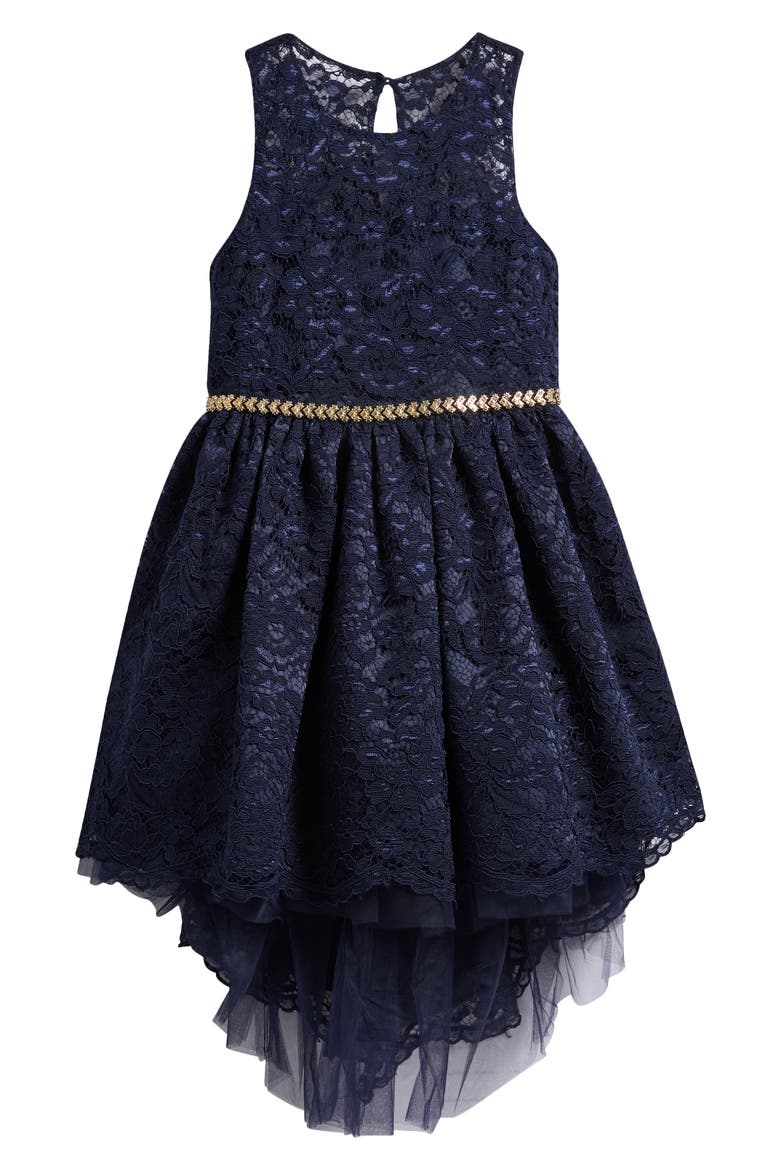 Kids' Lace High/Low Dress, Main, color, NAVY