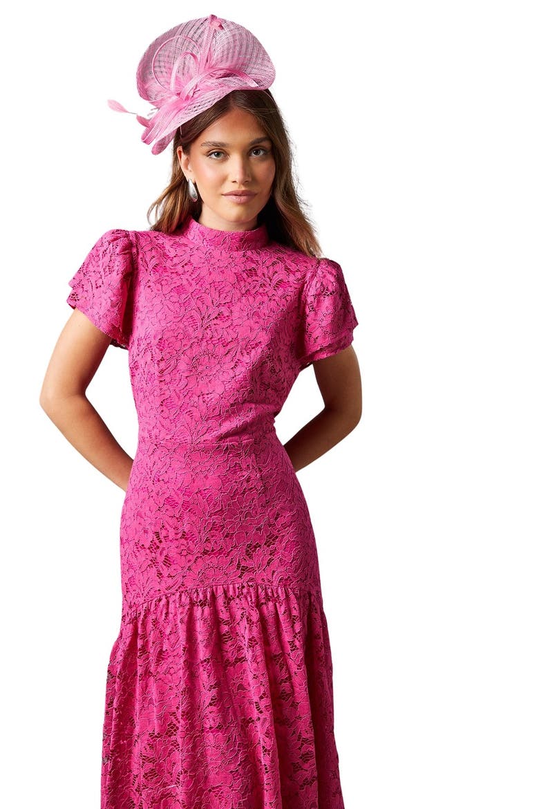 Lace Frill Sleeve High Neck Midi Dress, Alternate, color, Pink