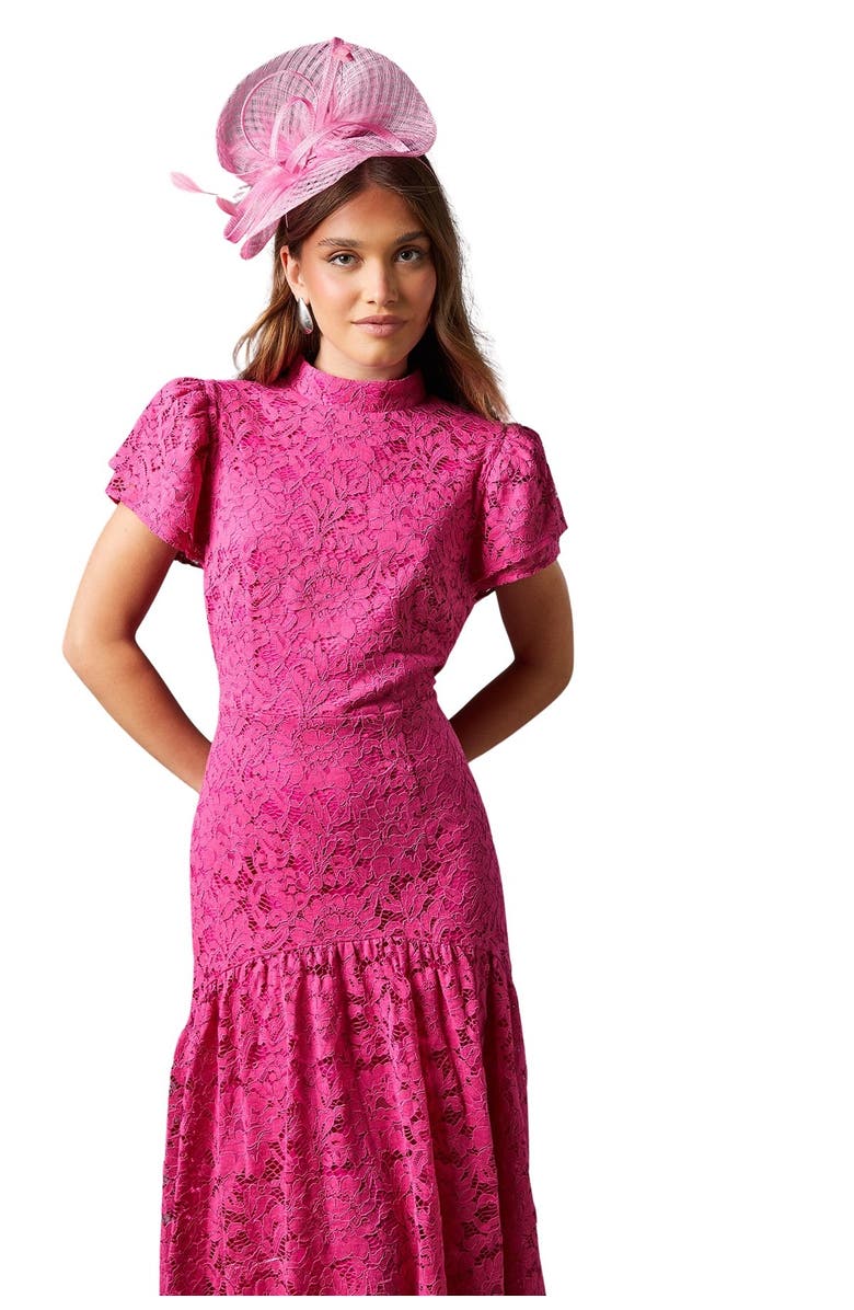 Coast Lace Frill Sleeve High Neck Midi Dress, Alternate, color, Pink